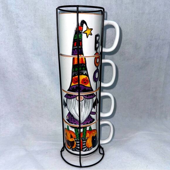 EUC Cobwebs & Cauldrons 4pc Halloween Mug Set with Holder Gnome Troll BOO - Picture 1 of 5